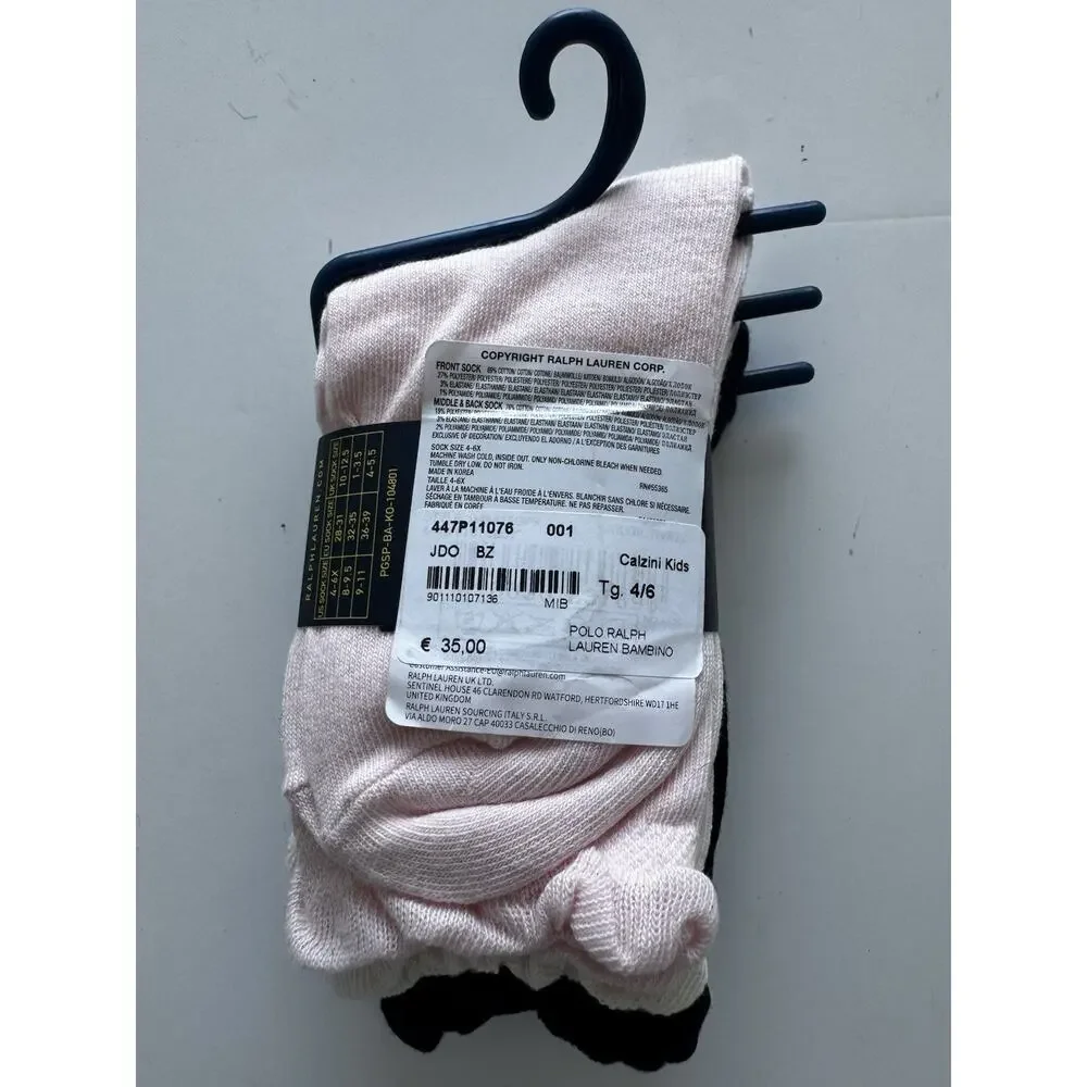 Polo Ralph Lauren Girl’s Polo Bear Crew Socks 3PK Sz 4-6X CUTE Bear with skirt